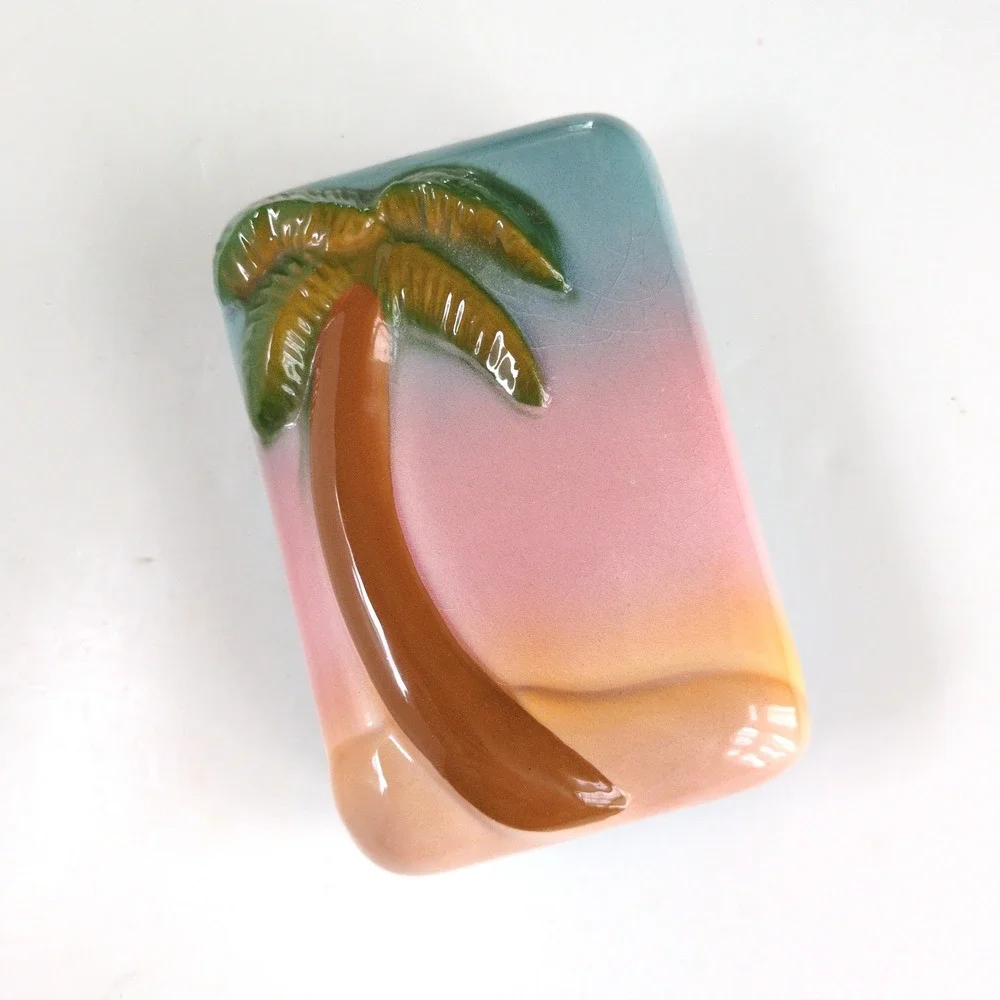 Vtg 80s Tropical Palm Tree Trinket Box Jewelry Lidded Ceramic Sunset Beach Small